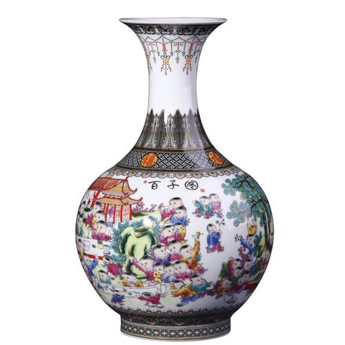 景德镇陶瓷器花瓶摆件客厅插花百子图薄胎瓷瓶中式家居装饰工艺品